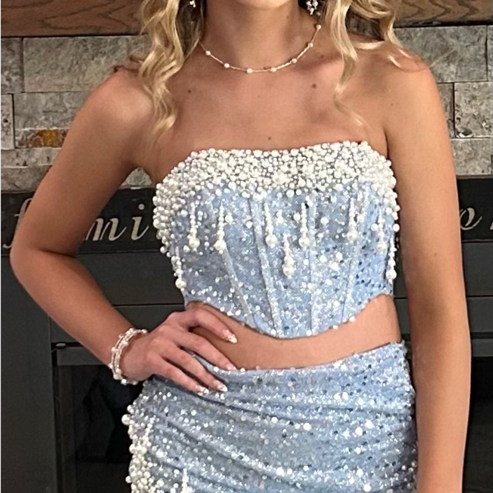 Portia and Scarlett Strapless 2 piece Blue Dress with Pearl Details